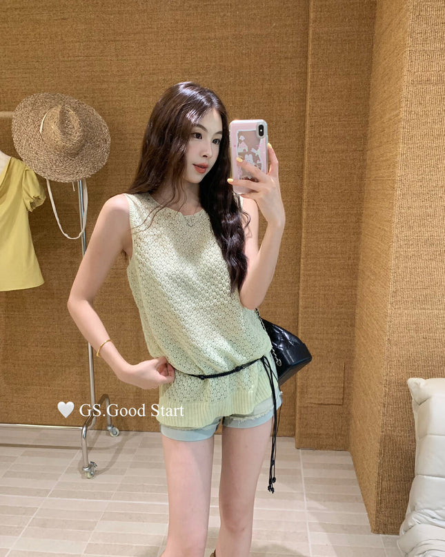 GS.GOOD START Relaxed Fit Hollow Mesh Vest with Detachable Waist Tie