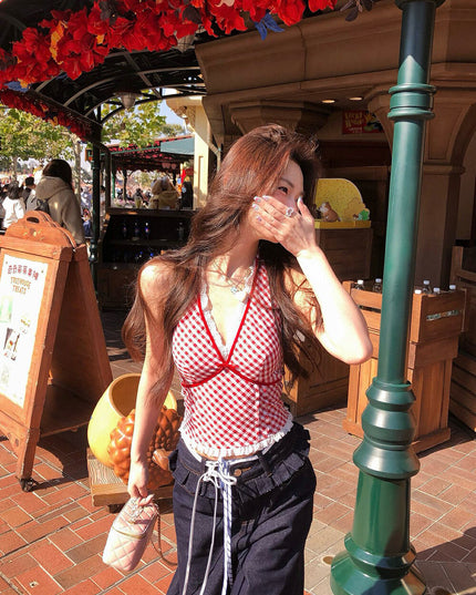 WGWE Halter Plaid Lace Patchwork Crop Top