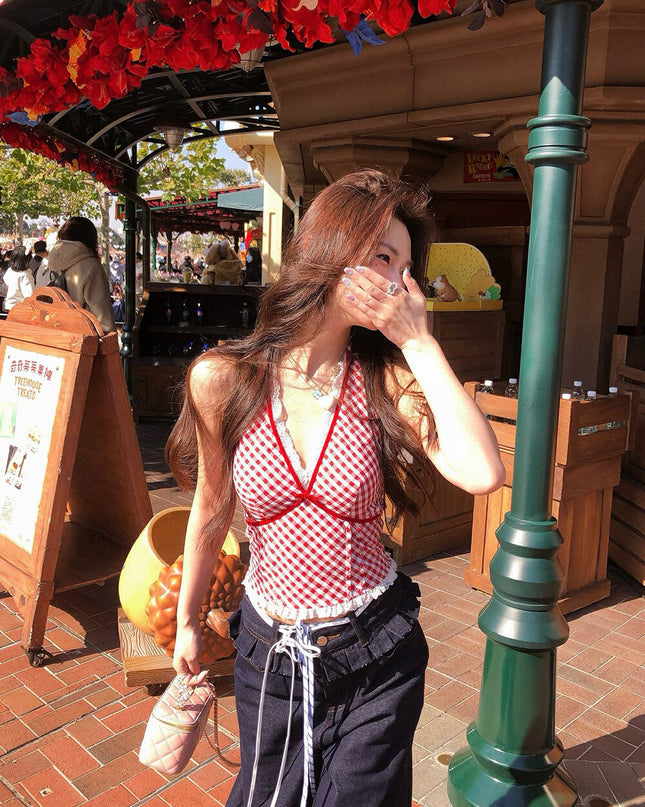 WGWE Halter Plaid Lace Patchwork Crop Top