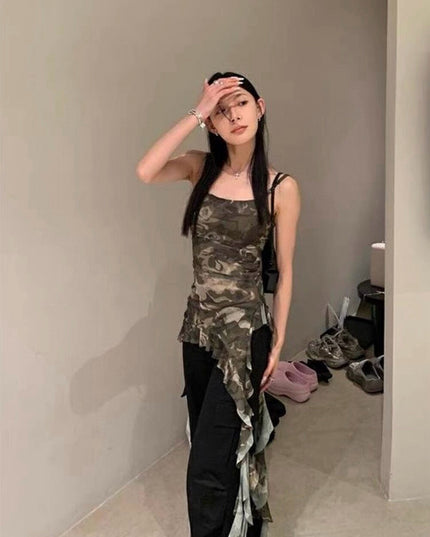WGWE Asymmetric Camouflage Tie-Strap Crop Top