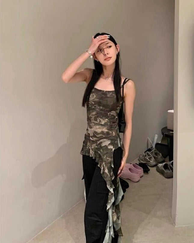 WGWE Asymmetric Camouflage Tie-Strap Crop Top