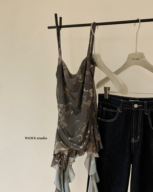 WGWE Asymmetric Camouflage Tie-Strap Crop Top