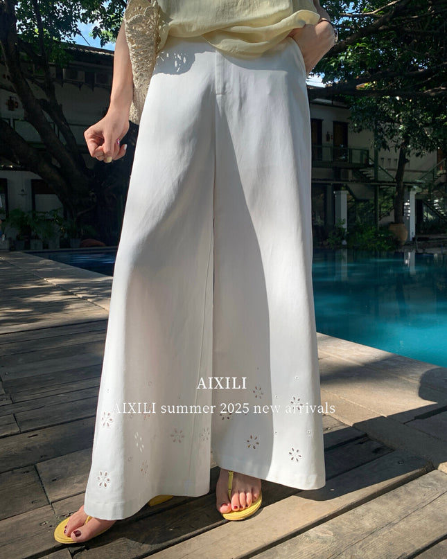 AIXILI Embroidered Eyelet Tencel Cotton Wide-Leg Pants