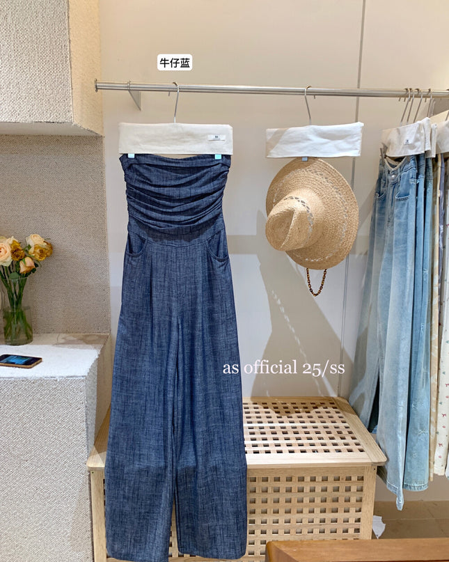AS OFFICIAL Strapless Washed Blue Jumpsuit