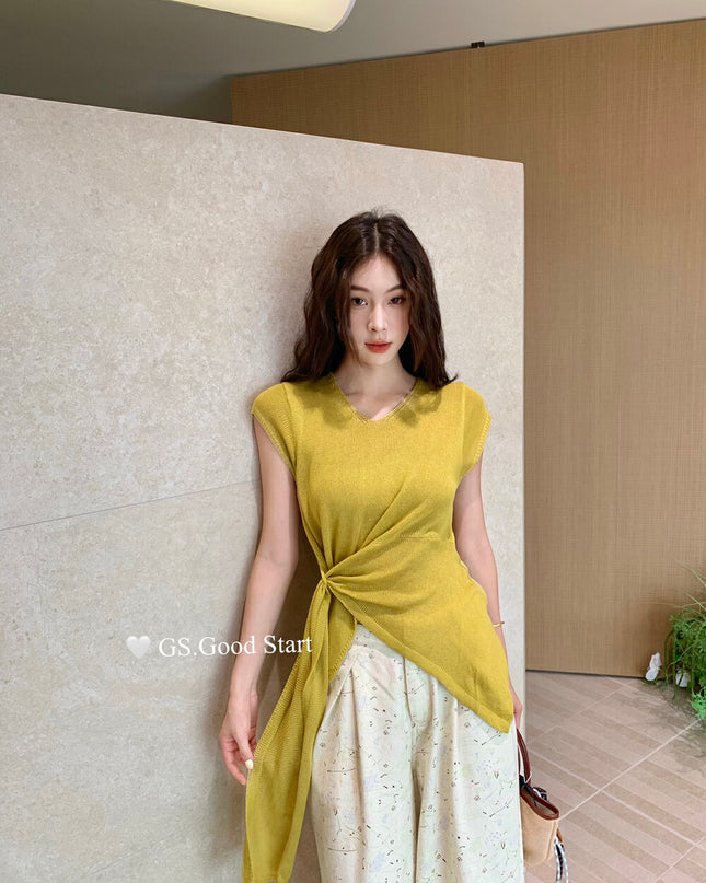GS.GOOD START V Neck Slim Fit Knitted Short Sleeve Top
