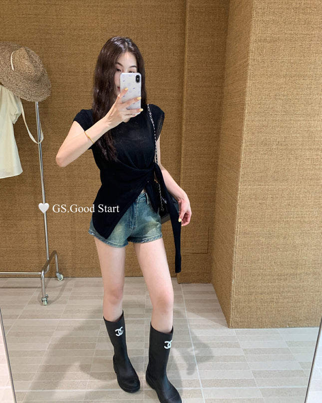 GS.GOOD START V Neck Slim Fit Knitted Short Sleeve Top