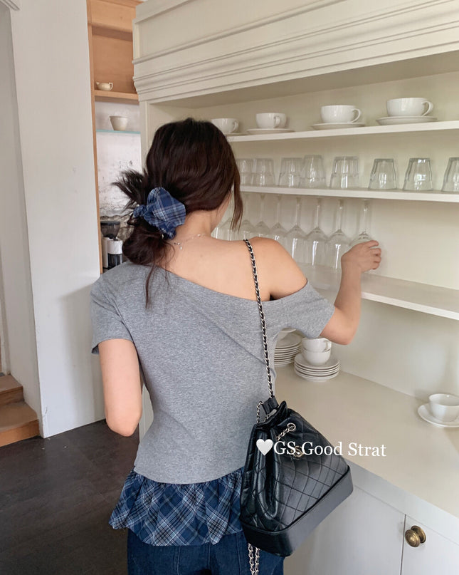 GS.GOOD START Asymmetrical Plaid Patchwork Top with Detachable Hair Tie
