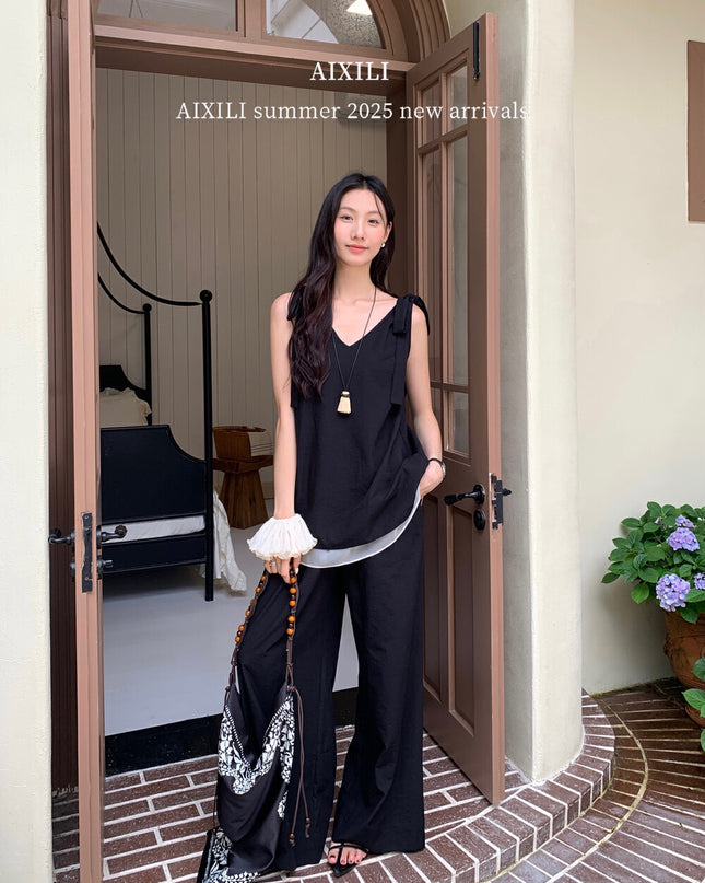 AIXILI Sleeveless Tie Top with Chiffon Hem & Wide-Leg Pants Set