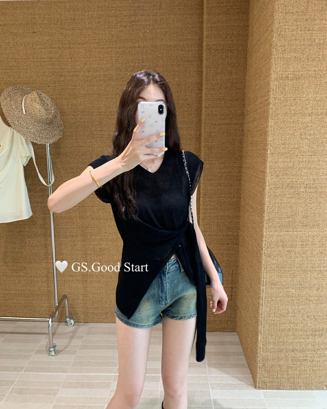 GS.GOOD START V Neck Slim Fit Knitted Short Sleeve Top