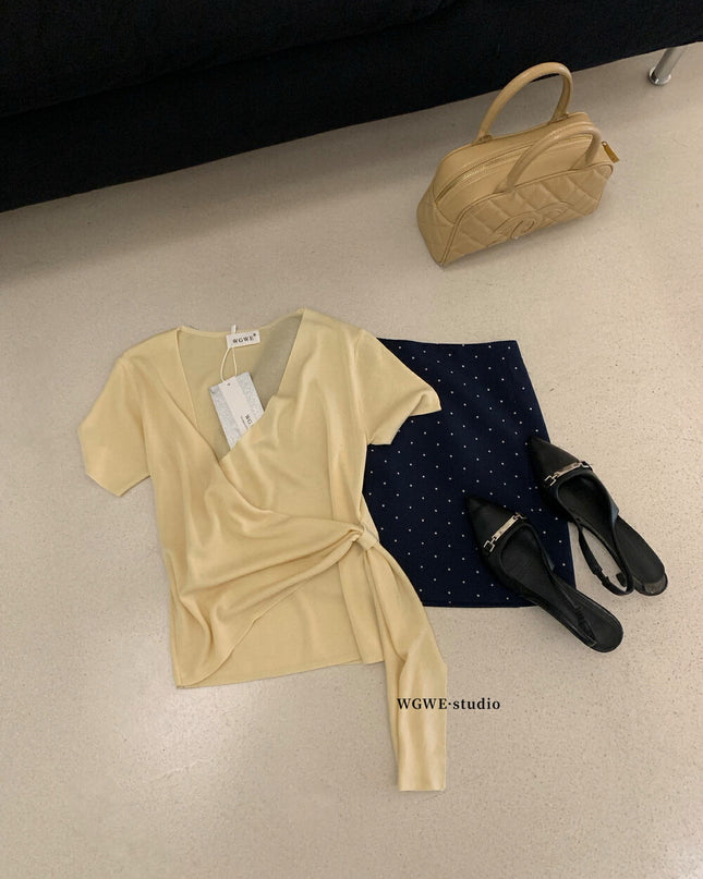 WGWE Korean Style V-Neck Cross Tie Short Sleeve Knit Top