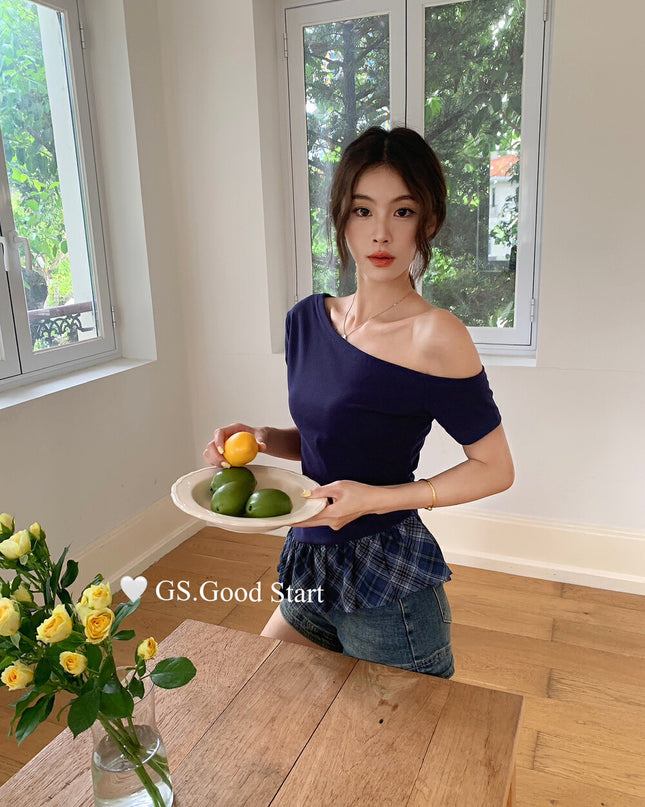 GS.GOOD START Asymmetrical Plaid Patchwork Top with Detachable Hair Tie