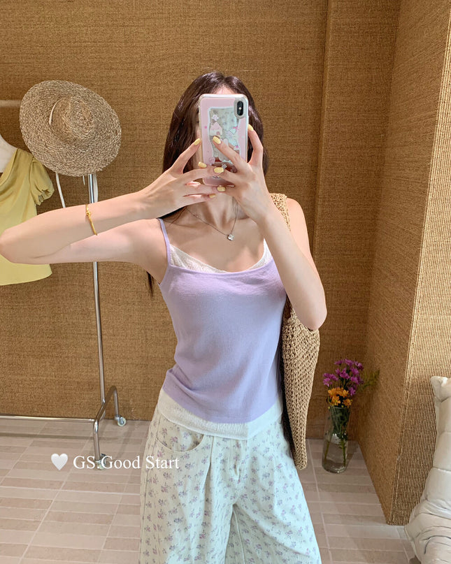 GS.GOOD START Korean Sweet Lace Patchwork Cami Top