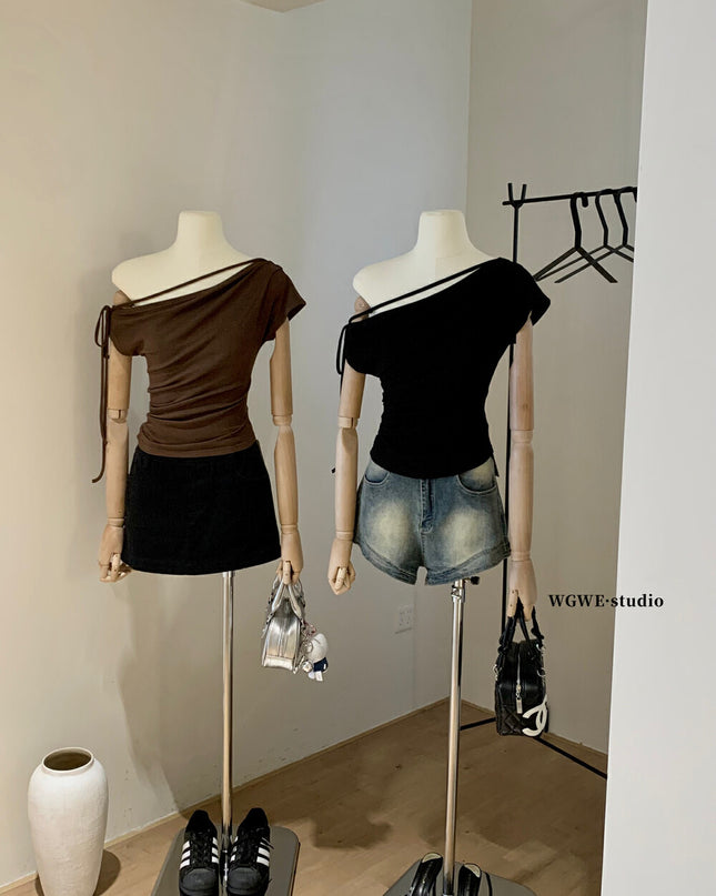 WGWE One-Shoulder Tie Fitted Sleeveless Top