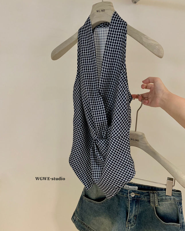 WG.WE Plaid Halter Twist Crop Top