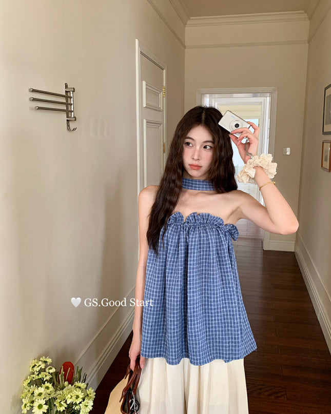 GS.GOOD START Sweetheart Plaid Lace Bustier Crop Top