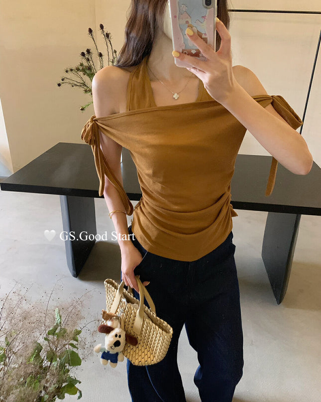 GS.GOOD START Off Shoulder Layered Tie-Strap Top