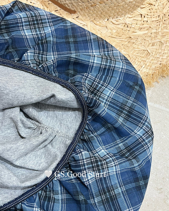 GS.GOOD START Asymmetrical Plaid Patchwork Top with Detachable Hair Tie