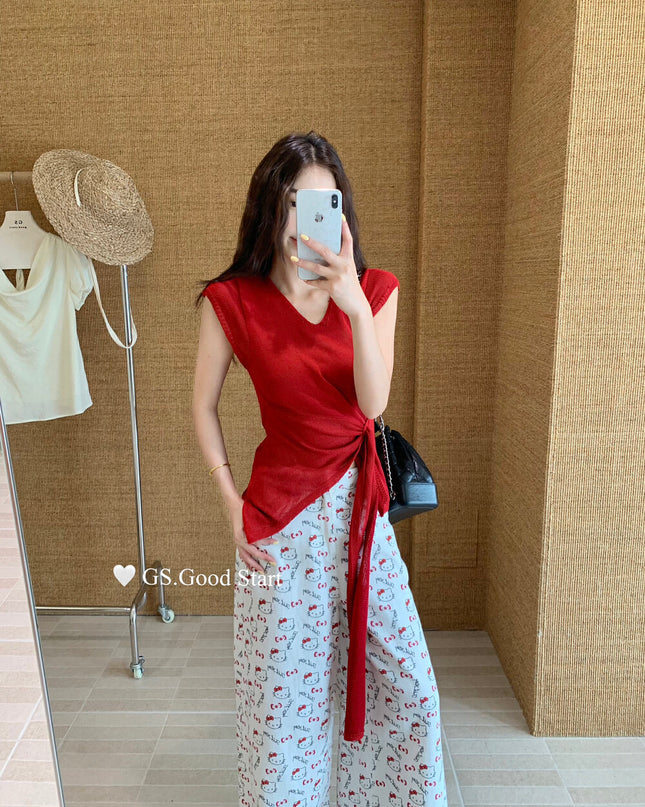 GS.GOOD START V Neck Slim Fit Knitted Short Sleeve Top