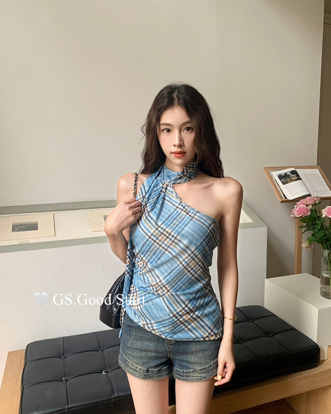 GS.GOOD START Off Shoulder Plaid Tank Top with Sweet Chic Vibes