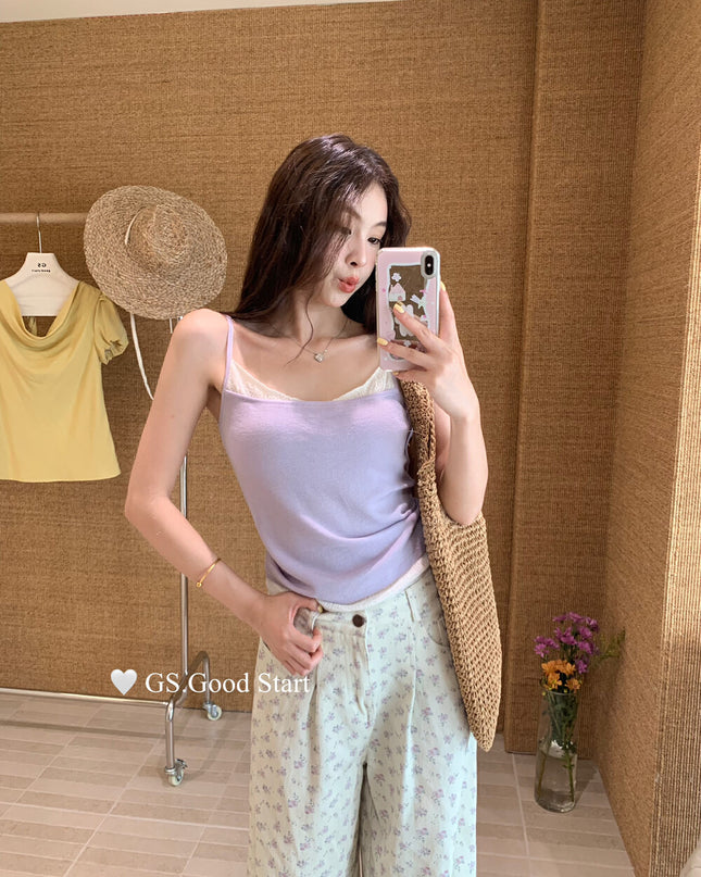 GS.GOOD START Korean Sweet Lace Patchwork Cami Top