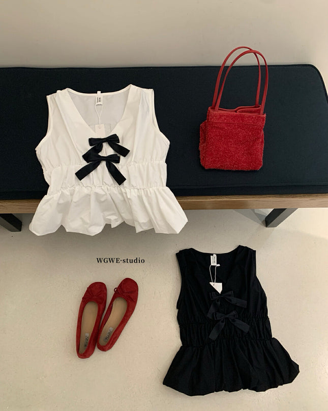 WG.WE French Cute Bow V-Neck Sleeveless Blouse