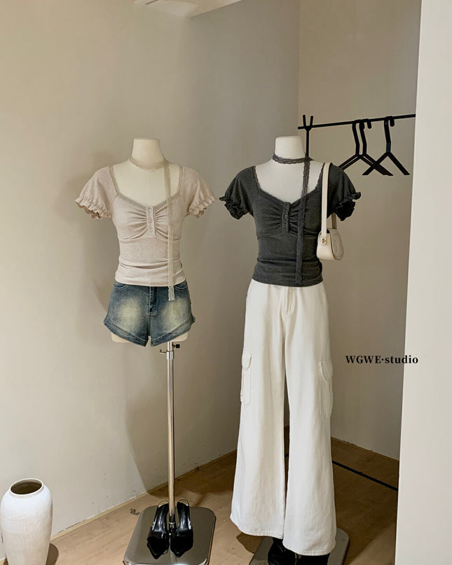 WGWE Balletcore Lace-Trim Fitted Tee