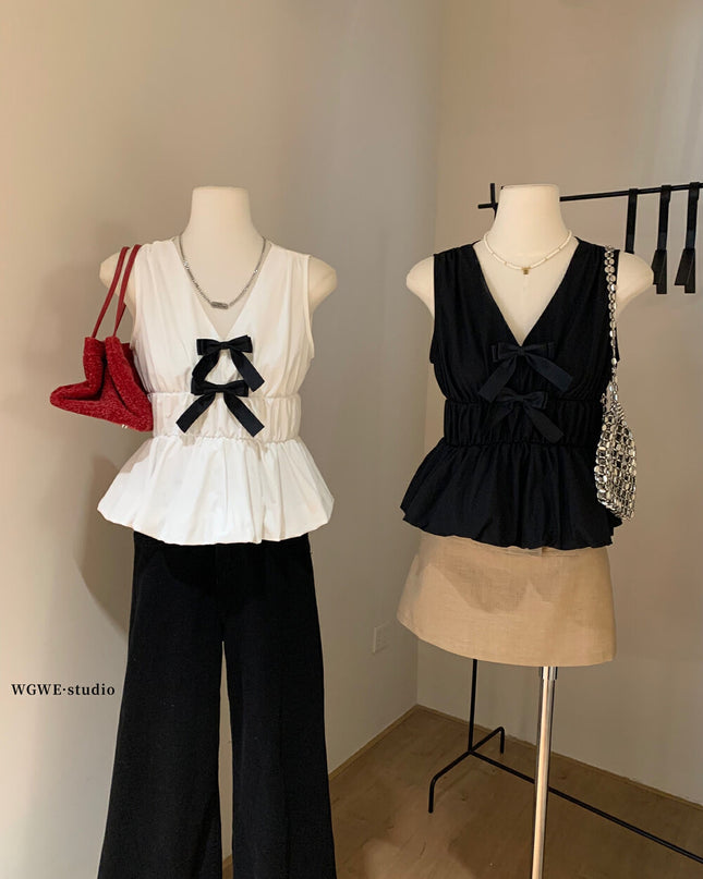 WG.WE French Cute Bow V-Neck Sleeveless Blouse