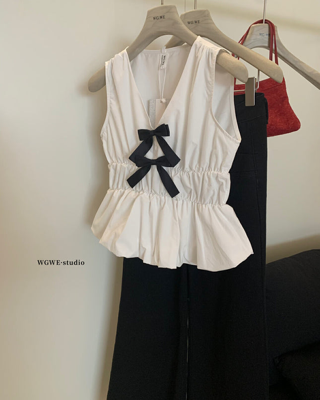 WG.WE French Cute Bow V-Neck Sleeveless Blouse