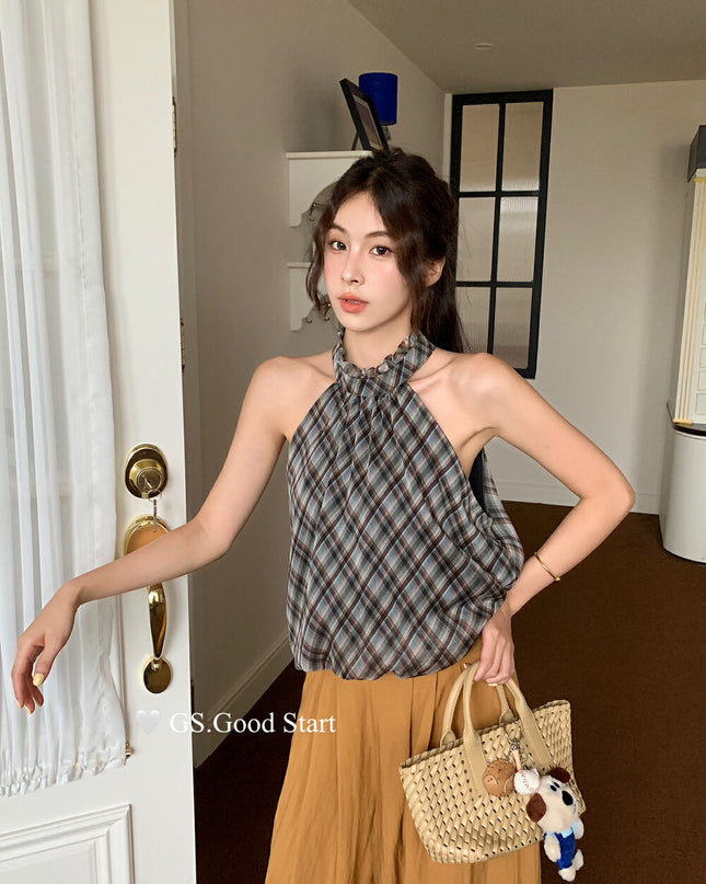 GS.GOOD START Korean Sweet Plaid Bubble Hem Tank Top