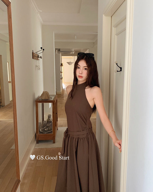 GS.GOOD START Halter Neck Sleeveless Dress with Waist Belt