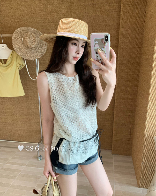 GS.GOOD START Relaxed Fit Hollow Mesh Vest with Detachable Waist Tie