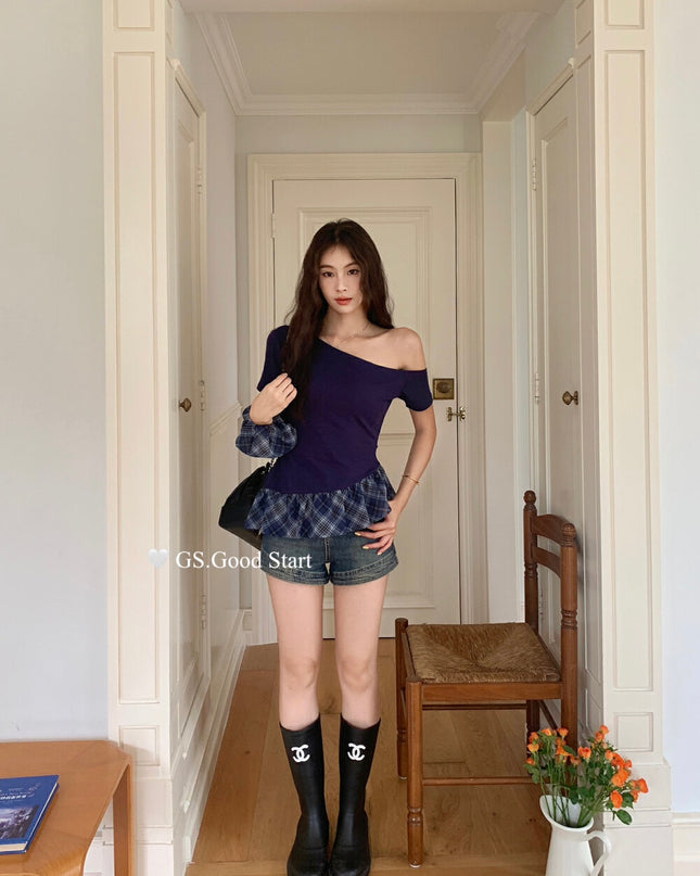 GS.GOOD START Asymmetrical Plaid Patchwork Top with Detachable Hair Tie