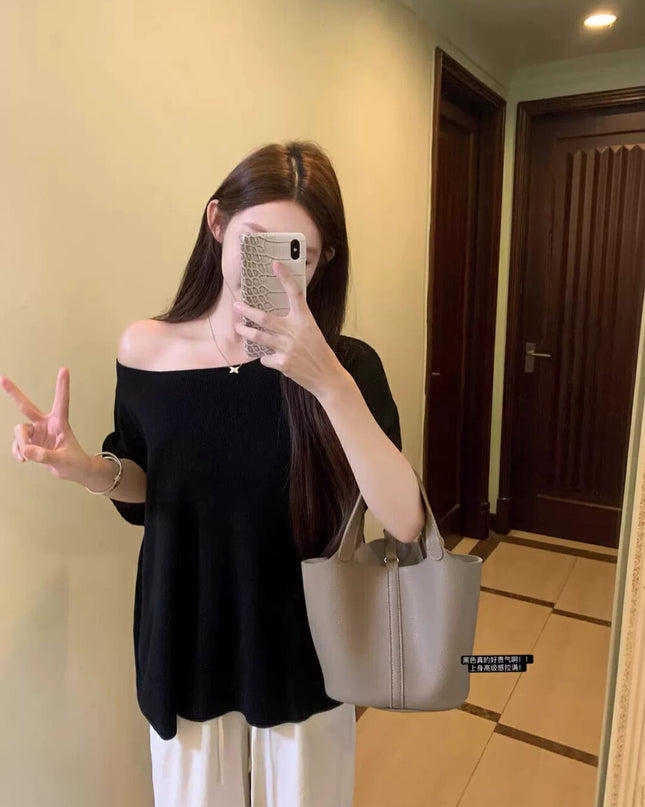 WGWE Off-Shoulder Knit Batwing Sleeve Top