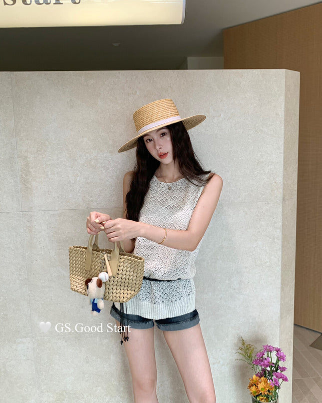 GS.GOOD START Relaxed Fit Hollow Mesh Vest with Detachable Waist Tie