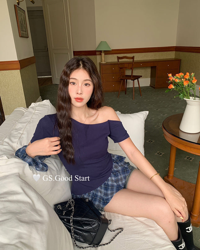 GS.GOOD START Asymmetrical Plaid Patchwork Top with Detachable Hair Tie