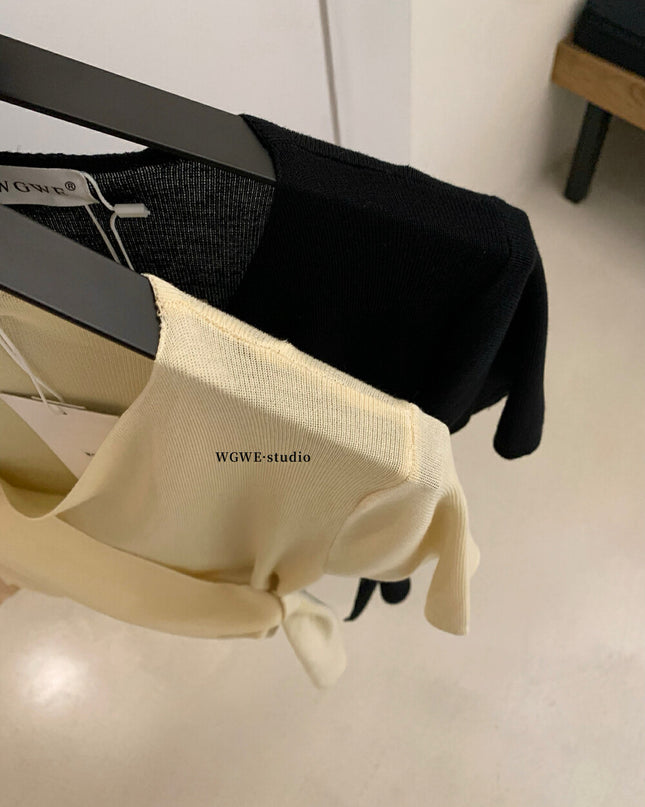 WGWE Korean Style V-Neck Cross Tie Short Sleeve Knit Top