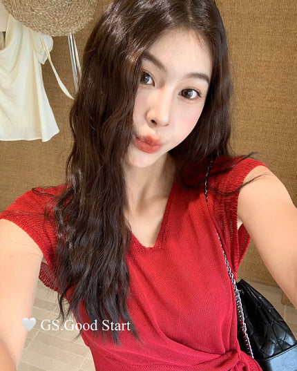 GS.GOOD START V Neck Slim Fit Knitted Short Sleeve Top