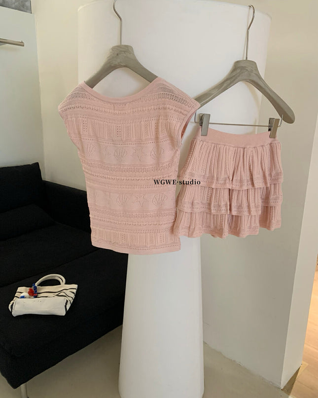 WGWE Delicate Crochet Knit Top & Midi Skirt Set