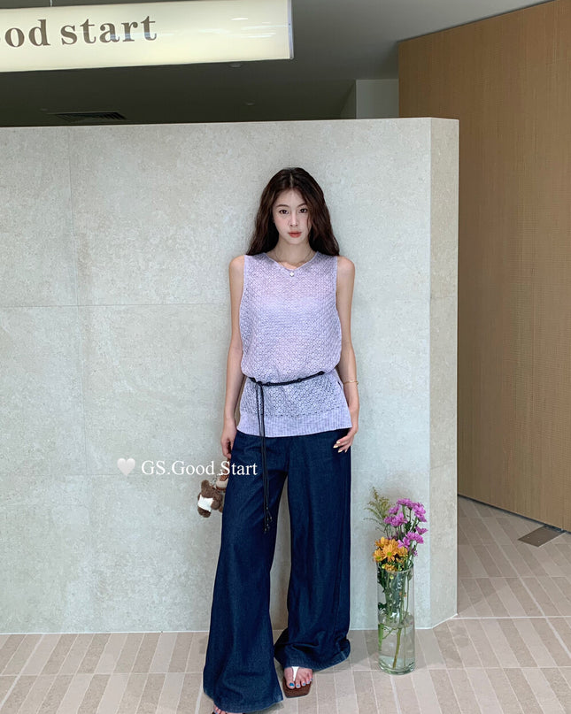 GS.GOOD START Relaxed Fit Hollow Mesh Vest with Detachable Waist Tie