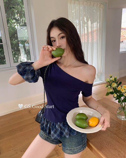 GS.GOOD START Asymmetrical Plaid Patchwork Top with Detachable Hair Tie