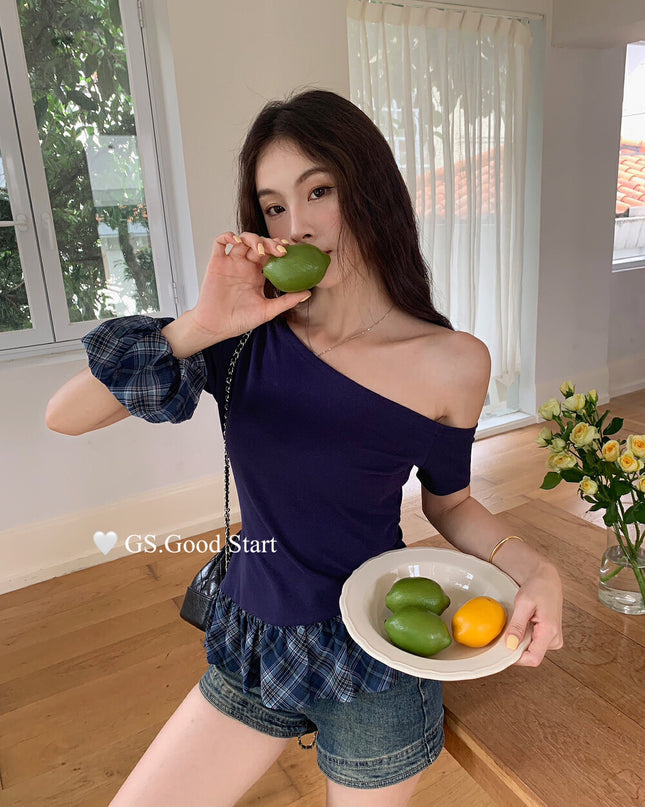 GS.GOOD START Asymmetrical Plaid Patchwork Top with Detachable Hair Tie