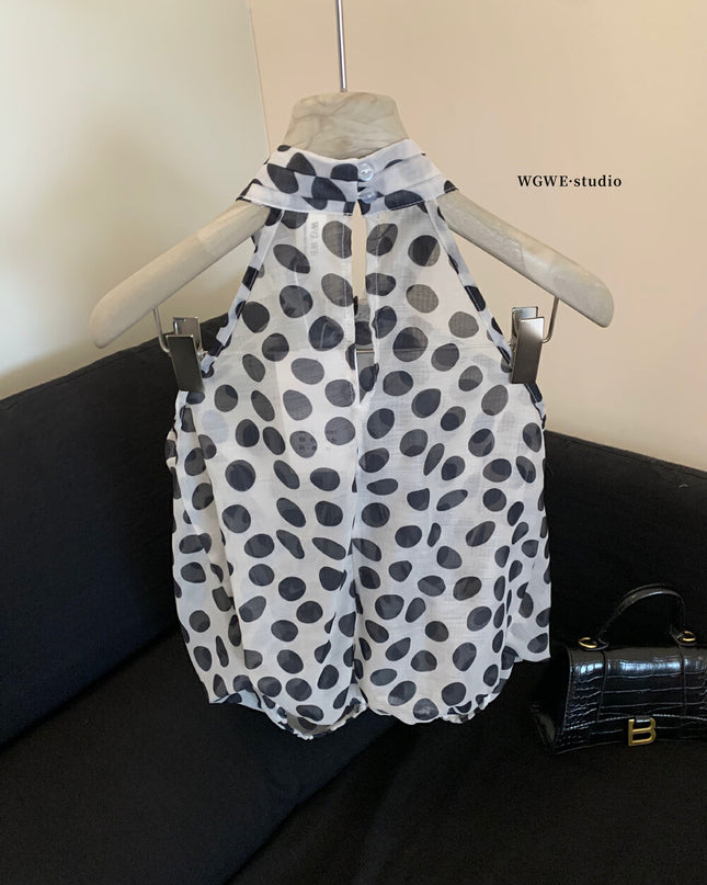 WGWE Polka Dot Cut-Out Halter Sleeveless Fitted Top