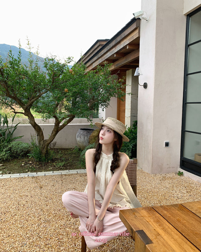 AS OFFICIAL Halter Jacquard Lace Patchwork Top