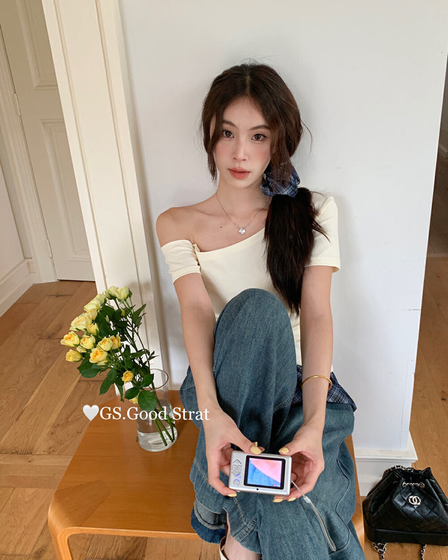 GS.GOOD START Asymmetrical Plaid Patchwork Top with Detachable Hair Tie