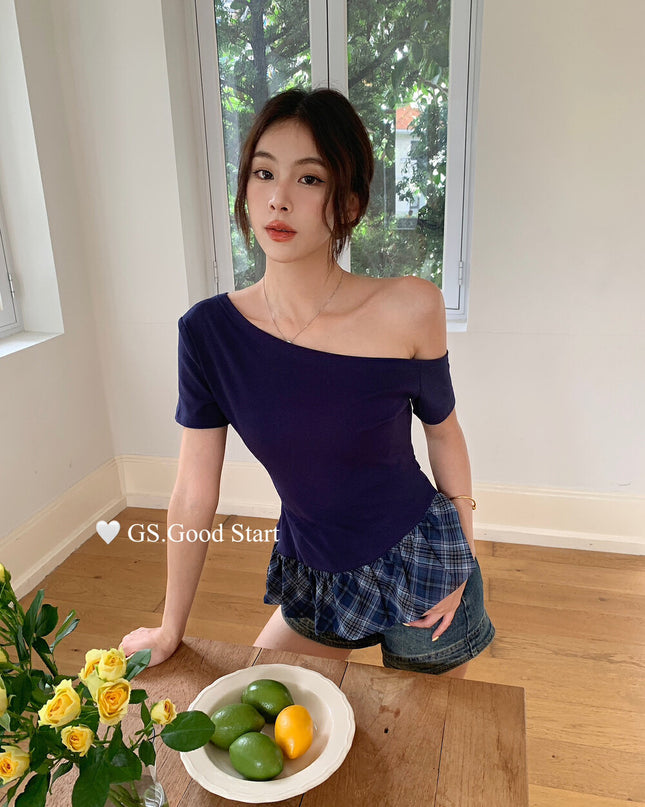 GS.GOOD START Asymmetrical Plaid Patchwork Top with Detachable Hair Tie