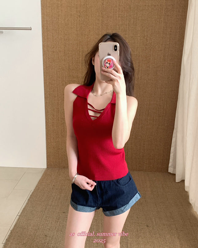AS OFFICIAL Knit Collared Halter Tank Top