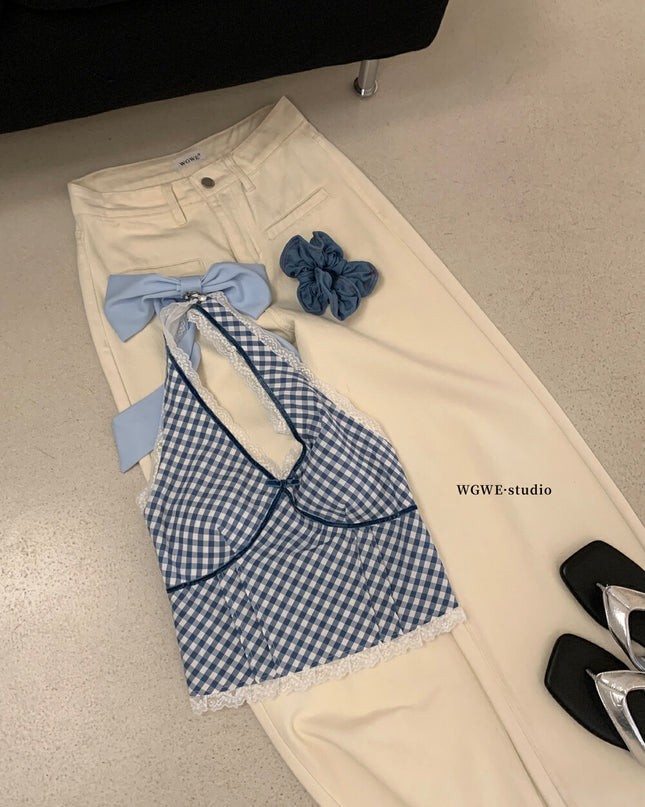 WGWE Halter Plaid Lace Patchwork Crop Top