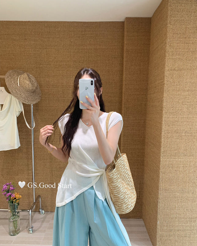 GS.GOOD START V Neck Slim Fit Knitted Short Sleeve Top