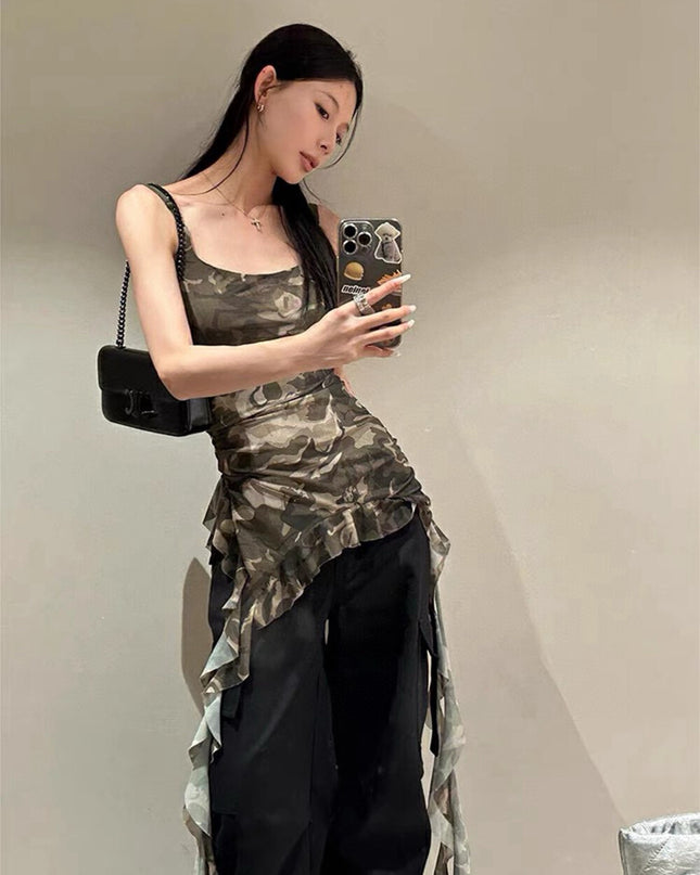 WGWE Asymmetric Camouflage Tie-Strap Crop Top