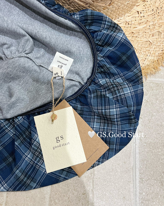 GS.GOOD START Asymmetrical Plaid Patchwork Top with Detachable Hair Tie